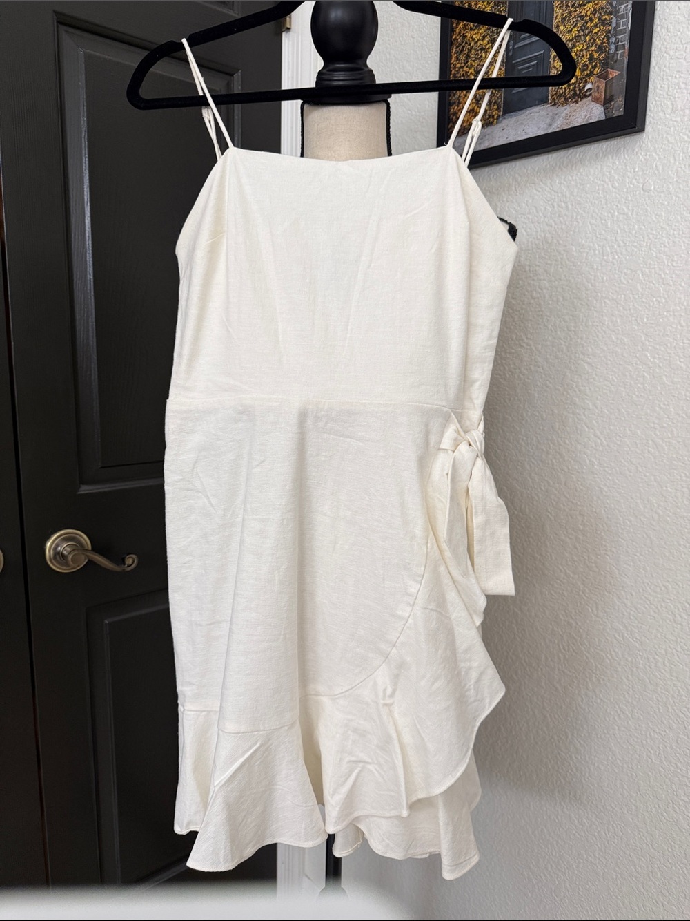 Express Cream Spaghetti Strap Ruffle Wrap Mini Dress